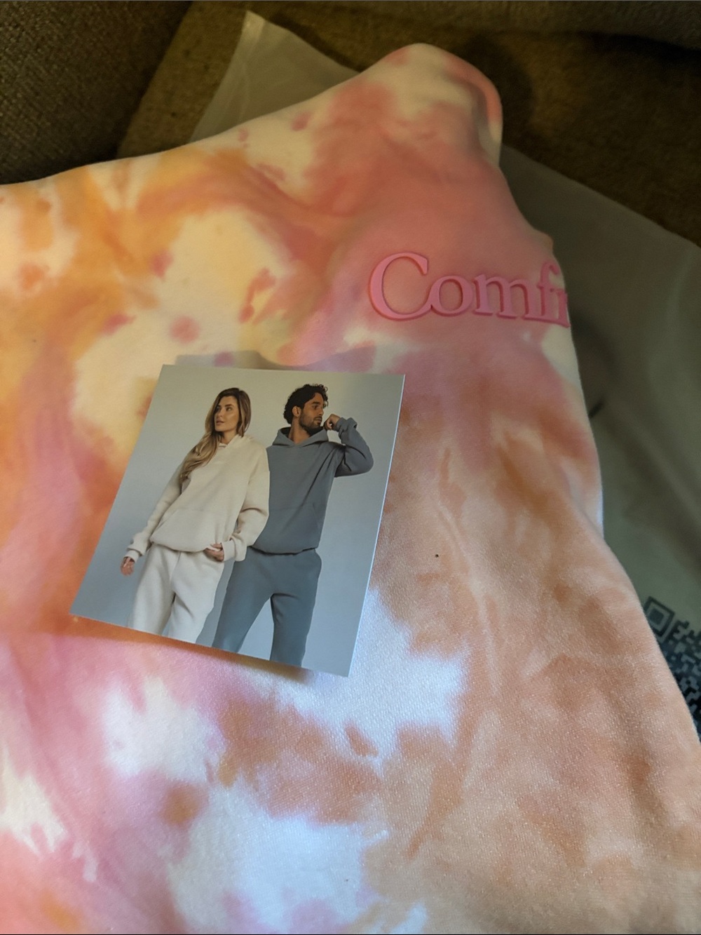 Comfrt Tie-Dye Pullover Hoodie with comfrt ' Detail raised - Pink & Cream